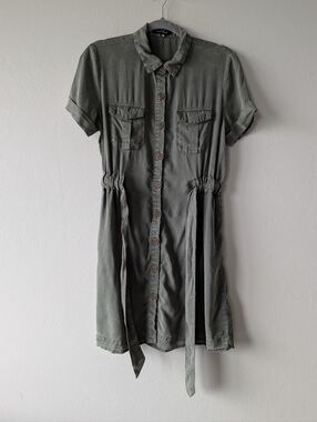 Velvet Heart Olive Green Button-Front Shirt Dress Utility Cotton Belted Size S